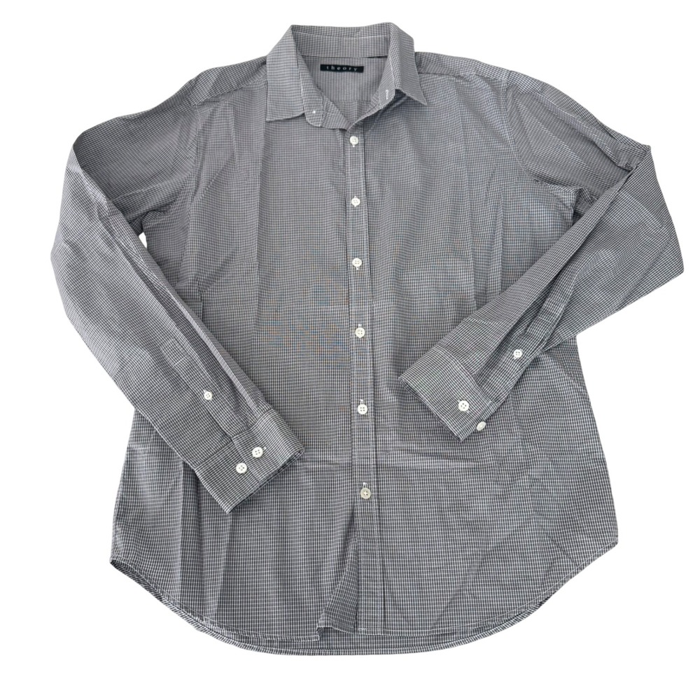Theory Men's Gray Micro Check Button Down Dress Shirt‎ 100% Cotton Size Medium